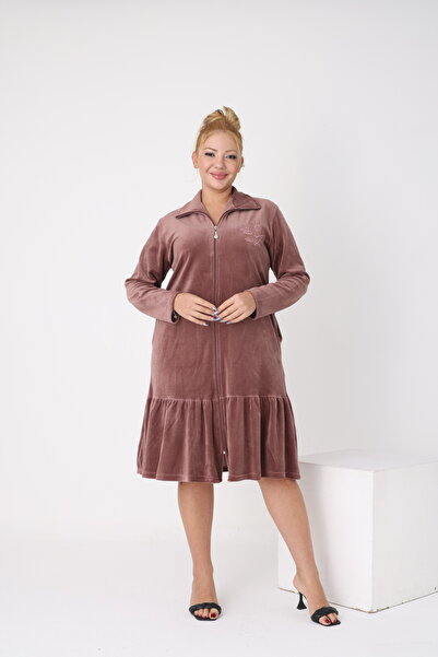 STELLETO Φόρεμα με βολάν με λεπτομέρεια κεντήματος με λαιμόκοψη με μακρύ μανίκι με φερμουάρ βελούδινο φόρεμα μεγάλου μεγέθους