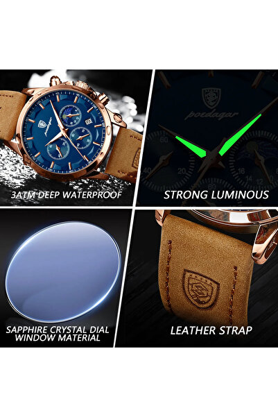 POEDAGAR Ανδρικό Ρολόι Quartz με Φωτεινούς Δείκτες Δέρματος Αναλογικό Επαγγελματικό Καφέ