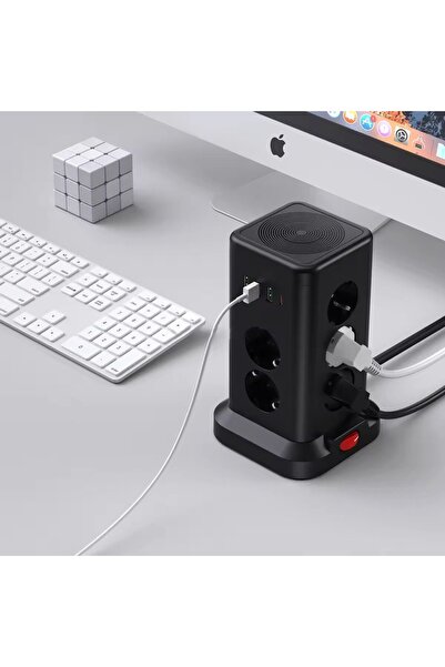 asua Akım Korumalı Priz Kablosuz Şarj İstasyonu 11x Soket 3x USB 1xType-C Kab...