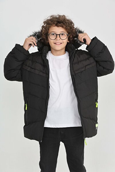 TheJOJODesign Erkek Çocuk Siyah Kalın Su İtici Kürklü Kapüşonlu Kışlık Mont Kalıp, Cepli, Sıcak Tutan Şık Kaban