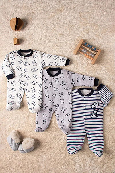 Mai Perla Unisex 3'lü Pamuklu Panda Desenli Çıtçıtlı Patikli Yenidoğan Tulum Seti
