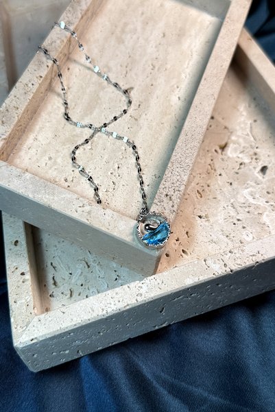 MOONİ ACCESSORİES Sea and Dolphin Special Blue Detailed Oval Cut Silver Silver Color Steel Women's Chain Necklace