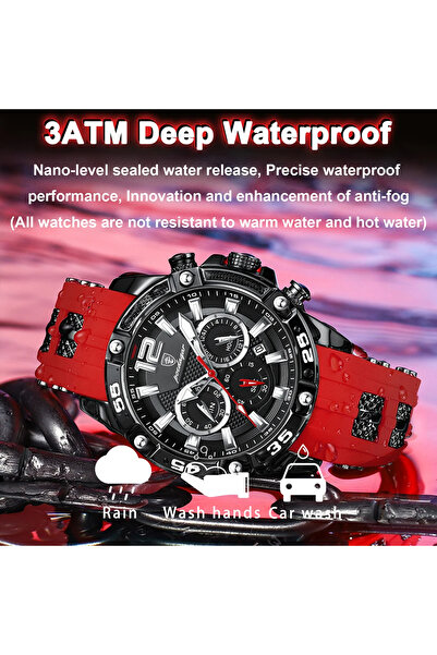 POEDAGAR Men's Watch Red Silicone Analog Quartz Luminous Hands