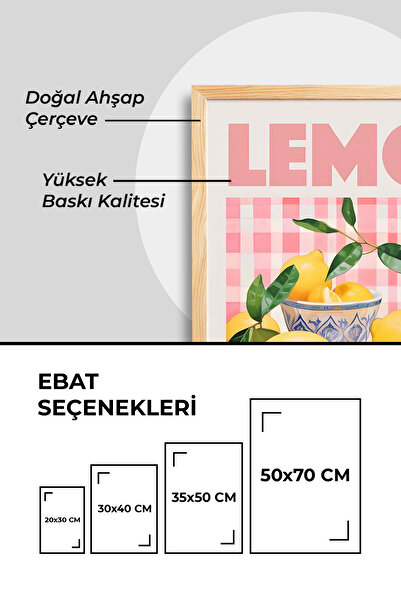 Wallspresso Lemon Themed Wooden Framed Painting - Bohemian Pink Painting - Wall Painting - Kitchen Painting - Living Room Painting