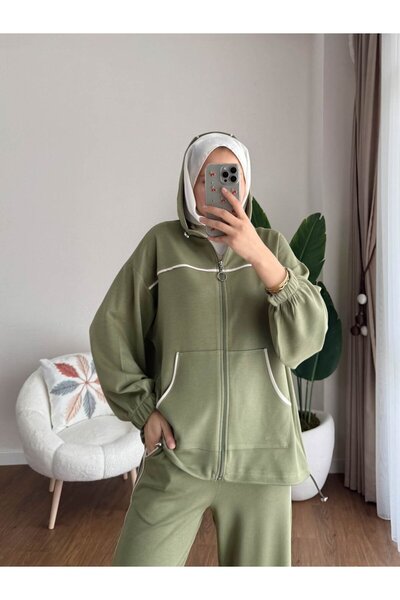 Miraydın Butik Women's Piping and Hooded Zipper Detailed Hijab Tracksuit Set M251077 - Green