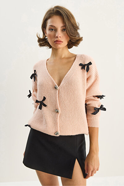 Bianco Lucci Γυναικεία ζακέτα με φιόγκο με λαιμόκοψη σε σχήμα V με κουμπιά 60283642