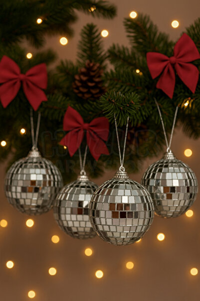 Huzur Party Store 8 см 4-комплект срібних розкішних диско-куль для новорічної ялинки, блискучі дзеркальні сучасні стильні декоративні прикраси