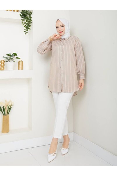 MODİVA MİX Women's Hijab Striped Buttoned Stone'Tunic Shirt'