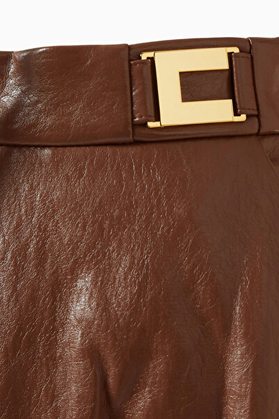 Elisabetta Franchi Crackled Deri Görünümlü, Siyah Kloş Midi Etek