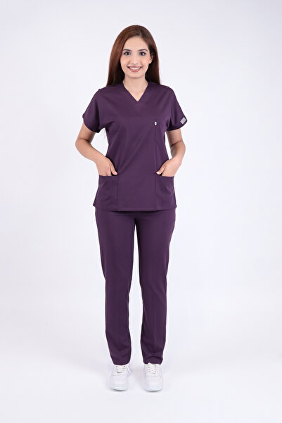 LITTE Unisex Likralı Hemşire Doktor Forma Takımı Terletmeyen Kumaş Scrubs Hastane Üniforması Mürdüm