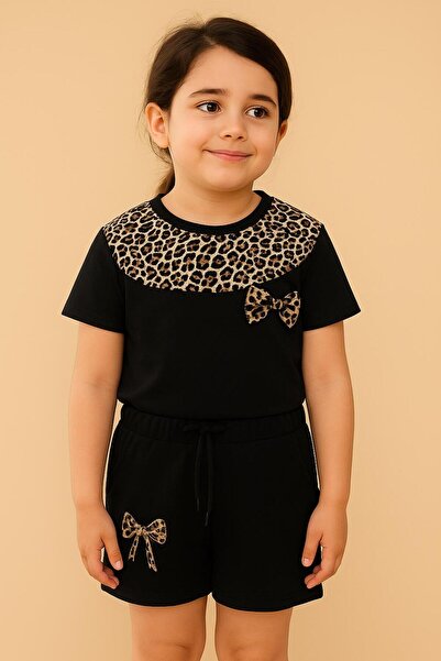 RAPAPA Leopard Patterned Black Girls' Shorts Pajama Set –0910