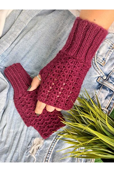 ZeynDesign Trendy Bordo Kırmızı Parmaksız Eldiven