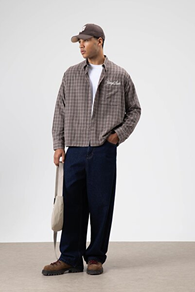 VAMOSCLO Oversize Checkered Back Printed Long Sleeve Shirt Mink-Brown