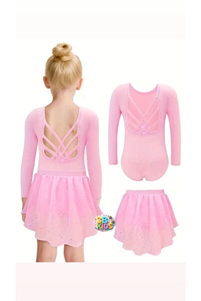3b kids pembe uzun kollu etekli cimnastik jimnastik bale kıyafet seti