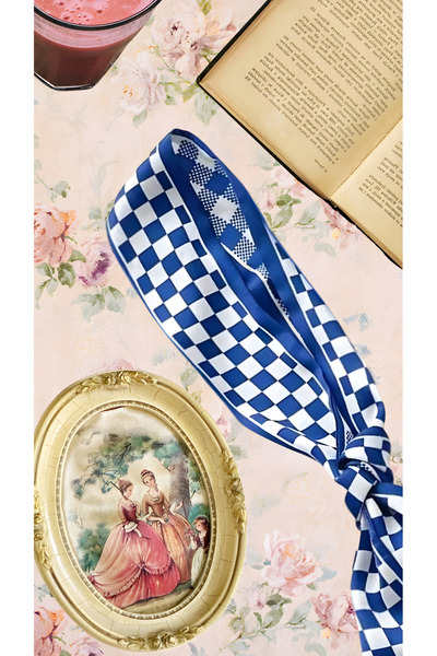chibi Vintage Blue and White Checkered Double-Sided Tie-Style Scarf - New Season Accessory