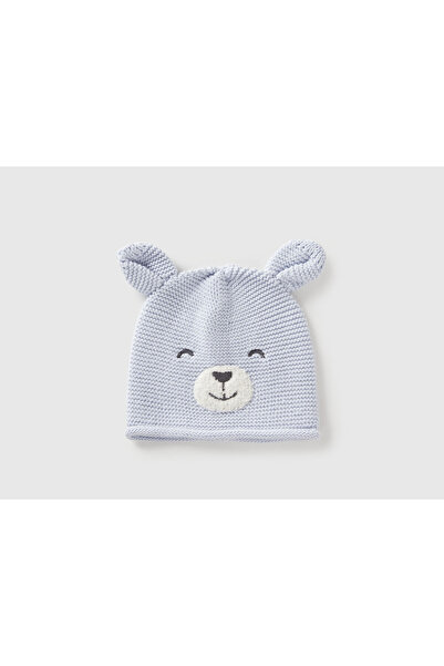 United Colors of Benetton Дитяча світло-блакитна в'язана шапка з вишивкою та вушками