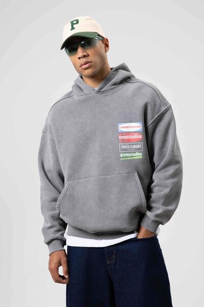 VAMOSCLO Oversize Yıkamalı Baskılı Kapüşonlu Sweatshirt Füme