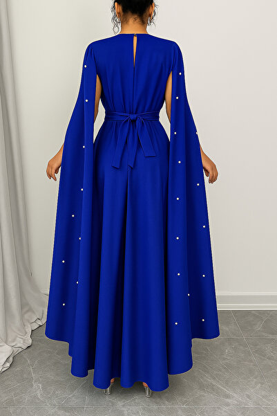 Deafox Saks Blue Cape Sleeves Pearl Detail Waist Belted Round Neck Crepe Fabric Dress