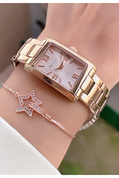 Ferrucci Women's Wristwatch Rose Gold Rectangular Case Steel Band – Stylish and Gift Boxed Model