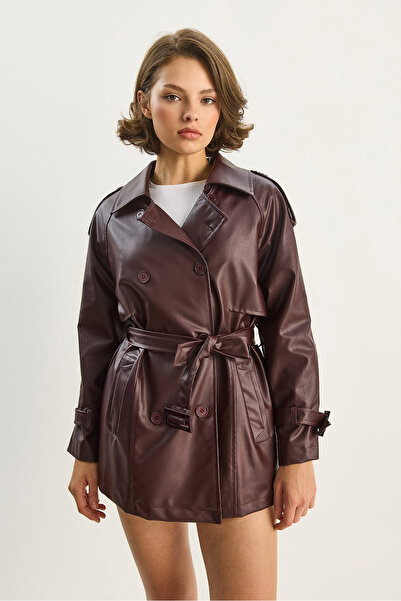 Bianco Lucci Kadın Kruvaze Yaka Kuşaklı Astarlı Kısa Suni Deri Trençkot 2485 60281111