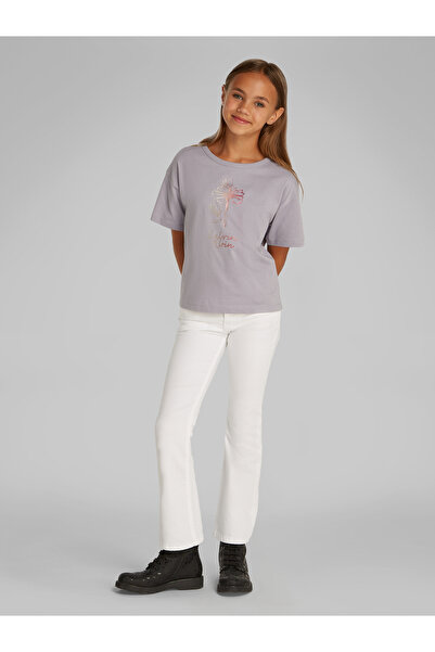 Calvin Klein Girls Lilac Gray Shiny Flower Graphic Crew Neck T-Shirt