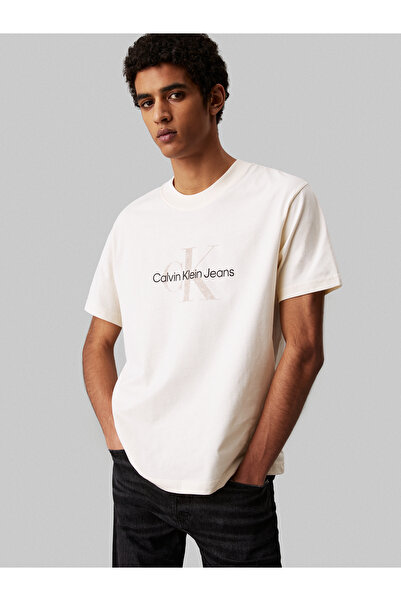 Calvin Klein Men Antique White Textured Monologo Crew Neck T-Shirt