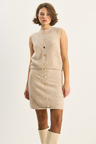 Bianco Lucci Women's Gold Button Detailed Knitwear Skirt Blouse Set 4982 60283665