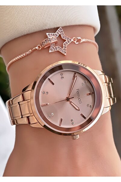 Ferrucci Women's Wristwatch Rose Gold Stone Detailed Steel Strap – Stylish and Gift Boxed Model
