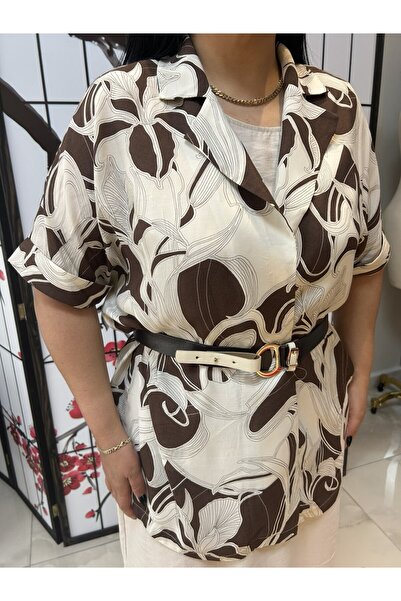 mardi exclusive Women's Plus Size Belted Dress Shirt Set Brown