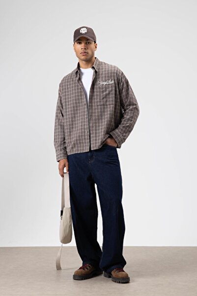 VAMOSCLO Oversize Checkered Back Printed Long Sleeve Shirt Mink-Brown