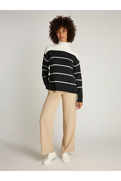 Calvin Klein Women Black / Egret Stripe Striped Knitted Turtle Neck Sweater