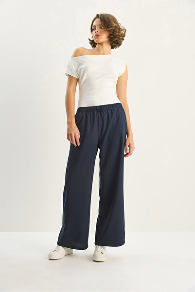 Bianco Lucci Women's High Waist Elastic Waist Tie Detail Pocket Fabric Loose Pants 4031 60283636