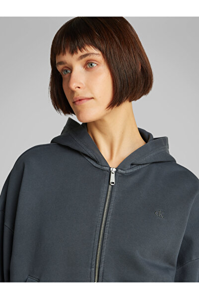 Calvin Klein Women Washed Black Washed Puff Print Zip Up Hoodie