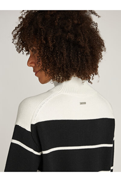 Calvin Klein Women Black / Egret Stripe Striped Knitted Turtle Neck Sweater