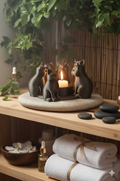 Storizaa Dekoratif Bronz Kediler Ritüel Dinginlik Yoga Mumluk Biblo 14 X 10 Cm