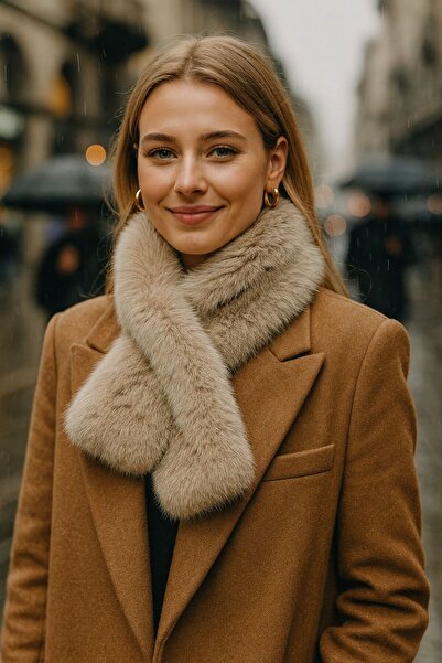 FELLMENS Bej Yumuşak Dokulu Mango Peluş Kadın Boyunluk