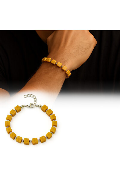 Tesbihane سوار رجالي من المعدن الفضي اللون مزين بسلسلة دوريكا وقطع مكعبة بلون الخردل الطبيعي