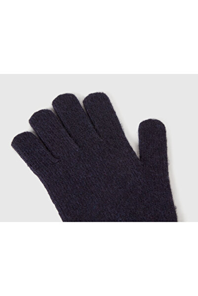 United Colors of Benetton Children's Navy Blue Wool and Viscose Blend Gloves with Logo Embroidery