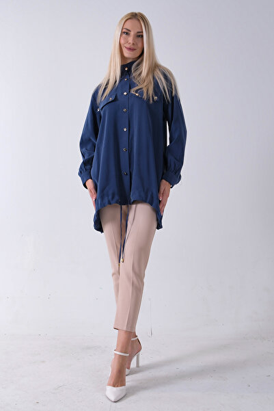 Feminist Hakim Yaka Cep Kapak Detaylı Etek Ucu İpli Tunik Lacivert 3972106