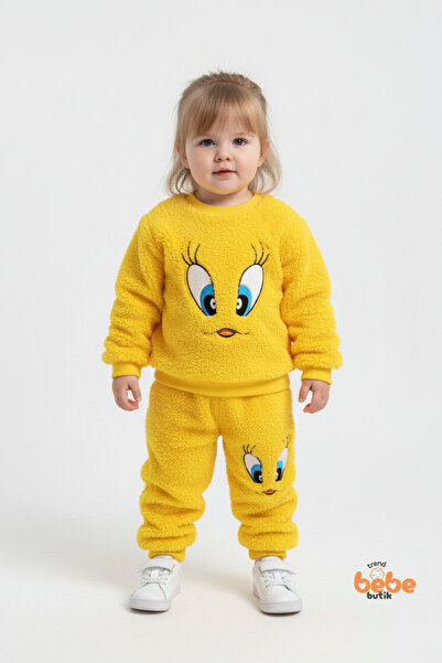Trend Bebe Butik Tweety Desenli Sarı Welsoft Kız Çocuk Eşofman Takımı – Yumuşak Peluş Kumaş, Kışlık Rahat Takım