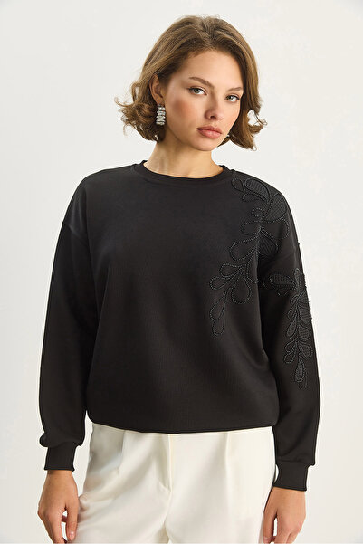 Bianco Lucci Kadın Bisiklet Yaka Çiçek Nakış ve Boncuk İşlemeli Sweatshirt 1562 60283633