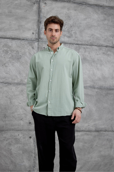 NO 601 Cămașă pentru bărbați din muselină din in verde Çağla