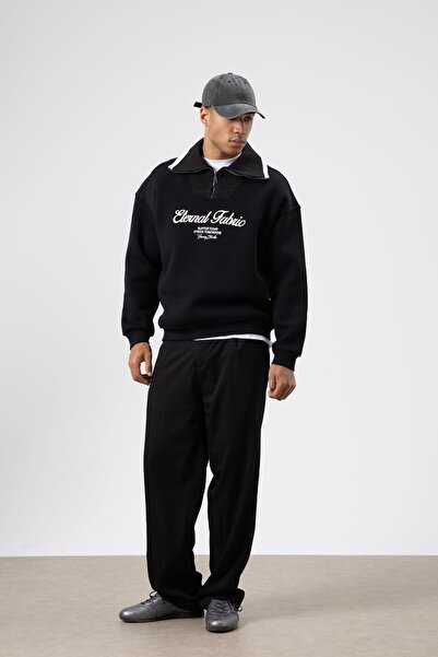 VAMOSCLO سويت شيرت كبير الحجم بياقة مزودة بسحاب باللون الأسود