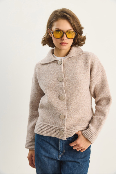 Bianco Lucci Women's Polo Neck Soft Textured Buttoned Knitwear Cardigan 5086 60283663