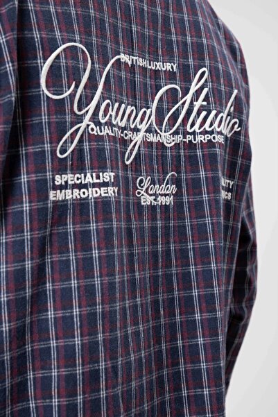 VAMOSCLO Oversize Checkered Back Printed Long Sleeve Shirt Navy Blue-Burgundy