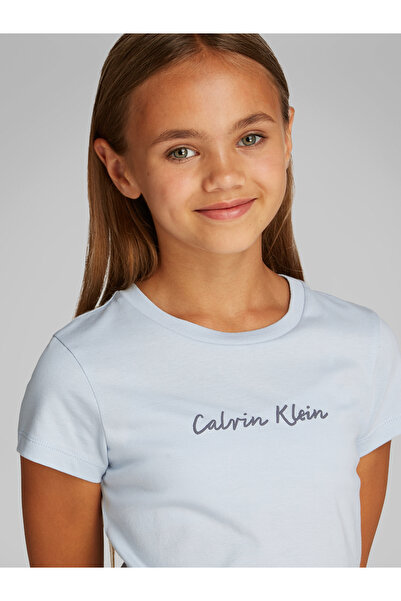 Calvin Klein Girls Niagara Mist Script Logo Slim Short Sleeve T-Shirt