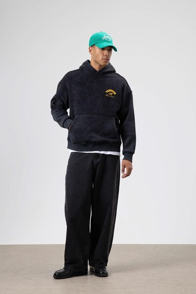 VAMOSCLO Oversize Washed Boxy Fit Hooded Sweatshirt Black