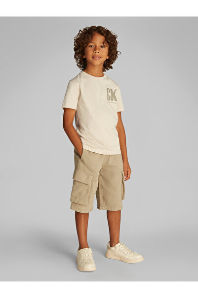 Calvin Klein Boys Oyster Gray Monogram Printed Short Sleeves T-Shirt