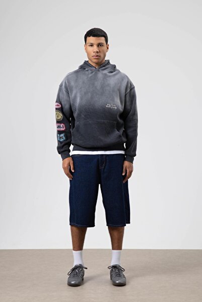 VAMOSCLO Oversize Printed Hooded Sweatshirt Black