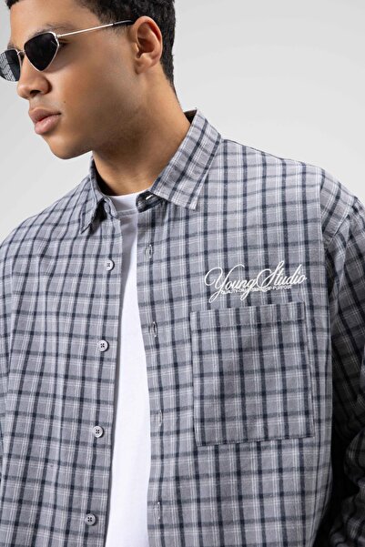 VAMOSCLO Oversize Checkered Back Printed Long Sleeve Shirt Gray-Navy Blue